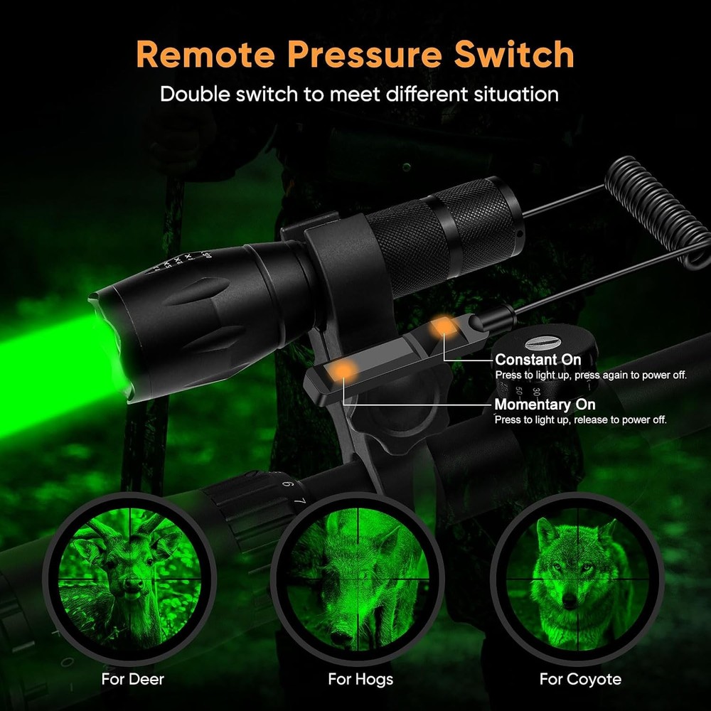 Green Light LED Flashlight Zoomable Waterproof Tactical Hunting Flashlight Set