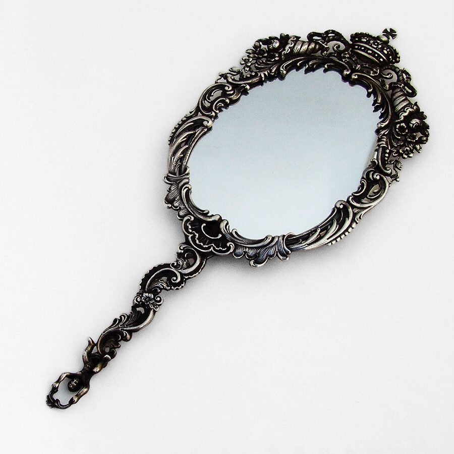 Ornate Openwork Hand Mirror Crown Finial German 800 Silver 1890