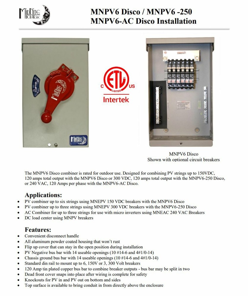 MidNite Solar MNPV6-DISCO AC MICRO 3R Enclosure Combiner
