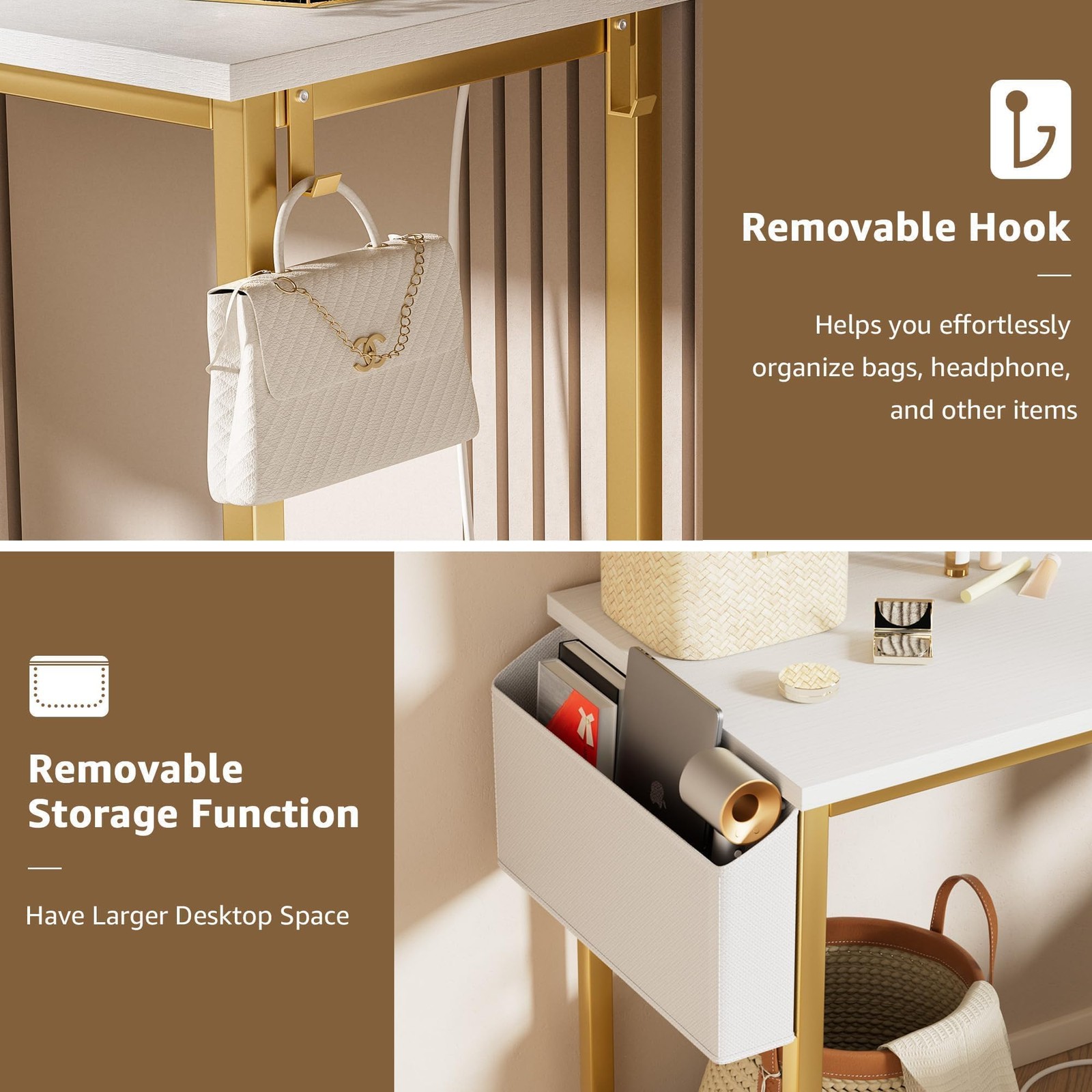 40" Tocador Blanco Dorado Mesa De Maquillaje Con Silla Espejo y Luces Para Mujer