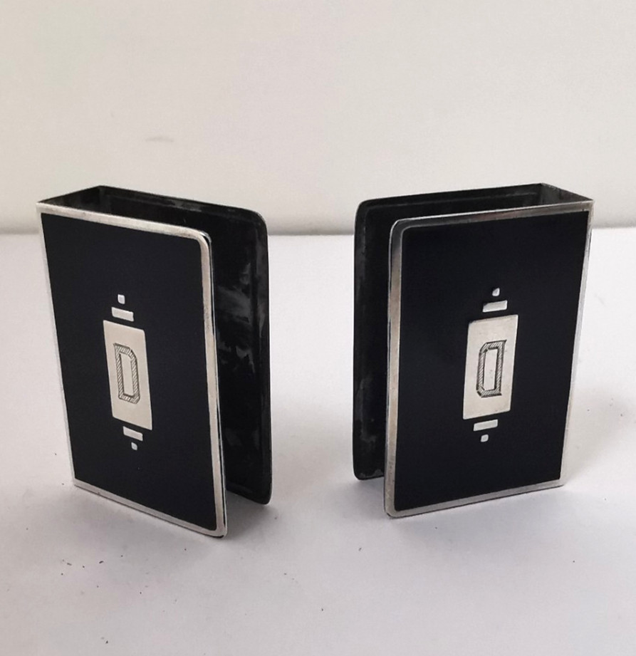 Pair Of Solid Silver & Enamel Match Box Holders.