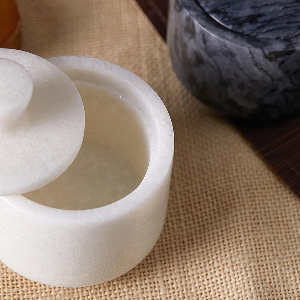 Marble Salt Cellar with Lid & Spoon White, 3-Inch Salt Jar, Kitchen Container...