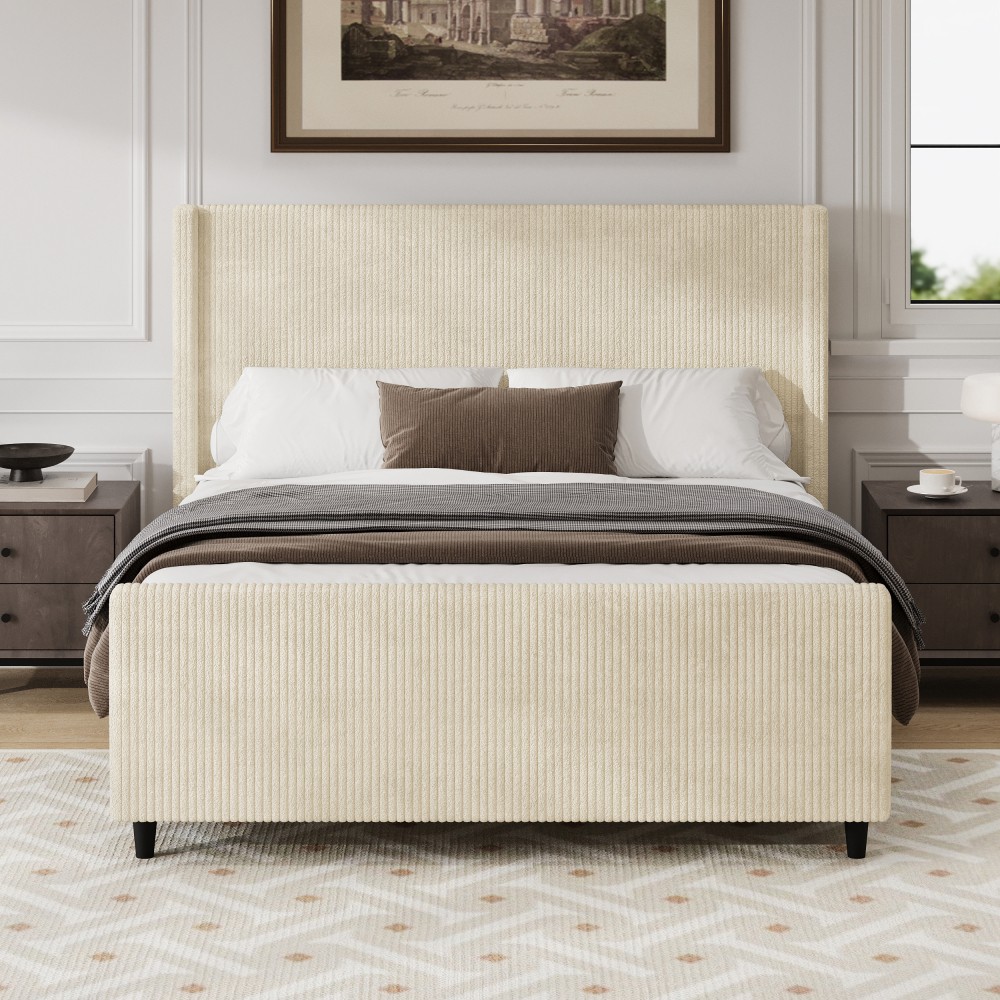 50.7'' High Headboard Corduroy Upholstered Bed Frame with Vertical Strip