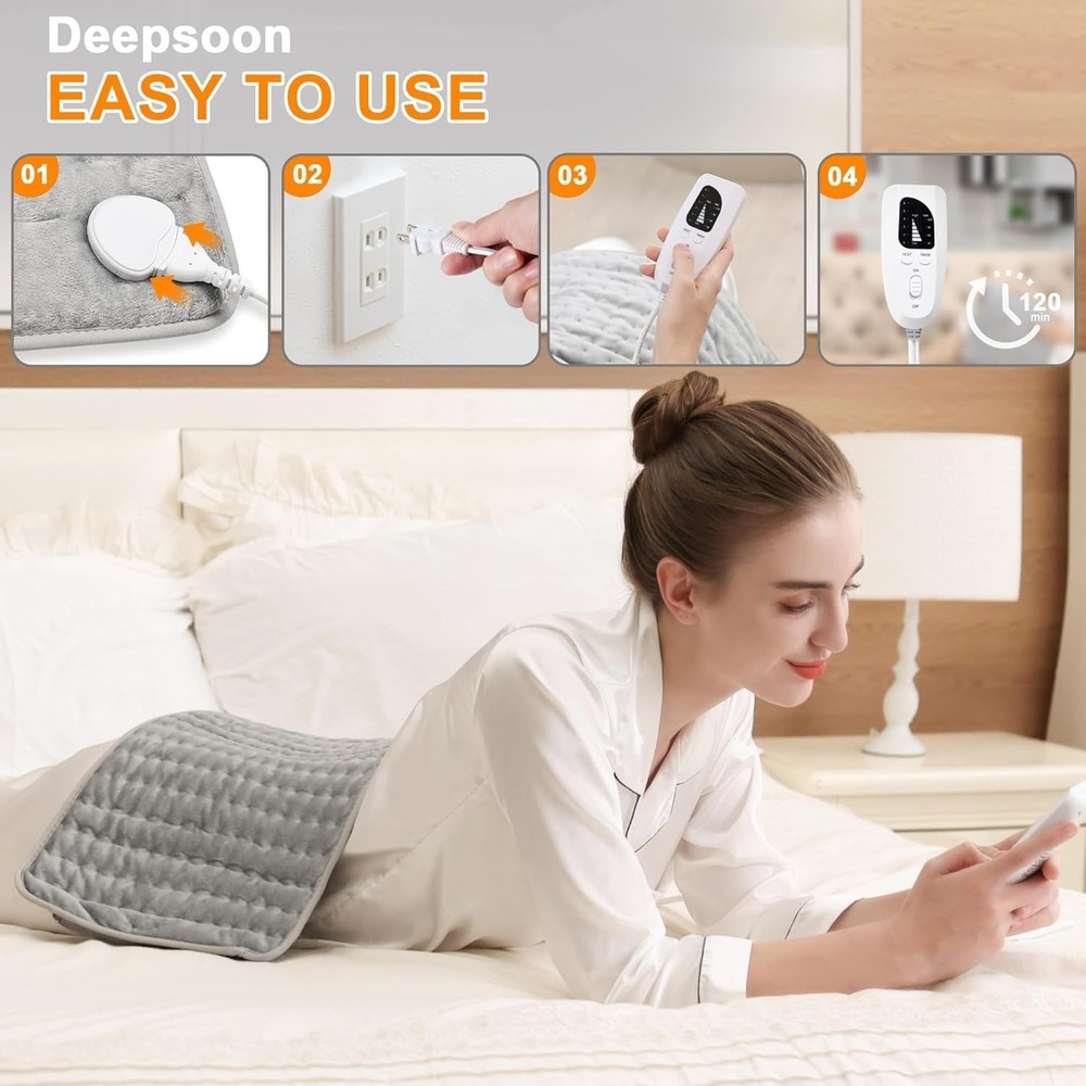 Versatile Electric Heating Pad - 6 Temp Settings, Machine Washable - Light Gray