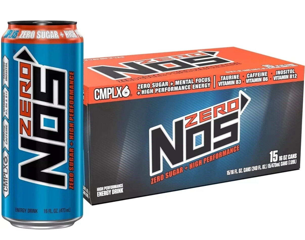 NOS Zero Sugar: High Performance Energy Drink. 16 Fl oz Pack of 15