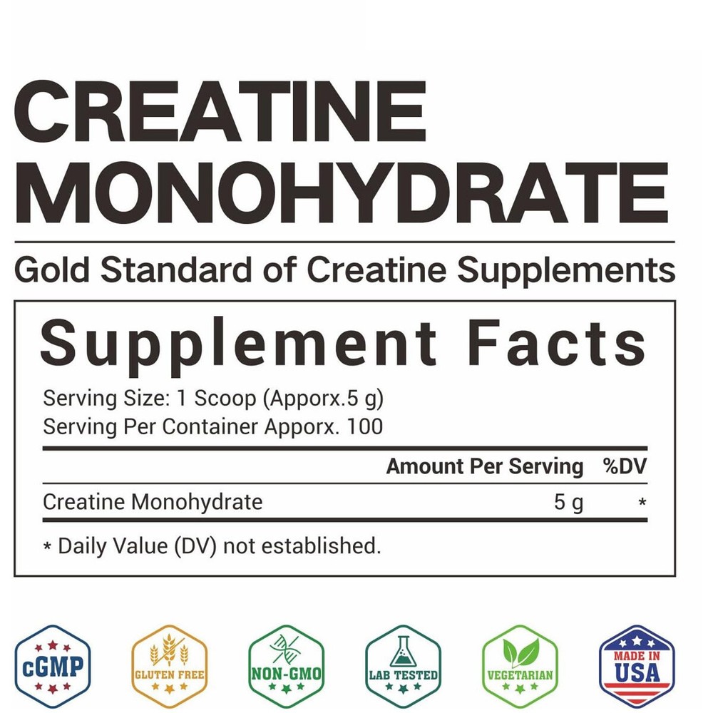 Supplements Creatine Monohydrate Powder 500g - 5000mg Per Serving-100 Servings