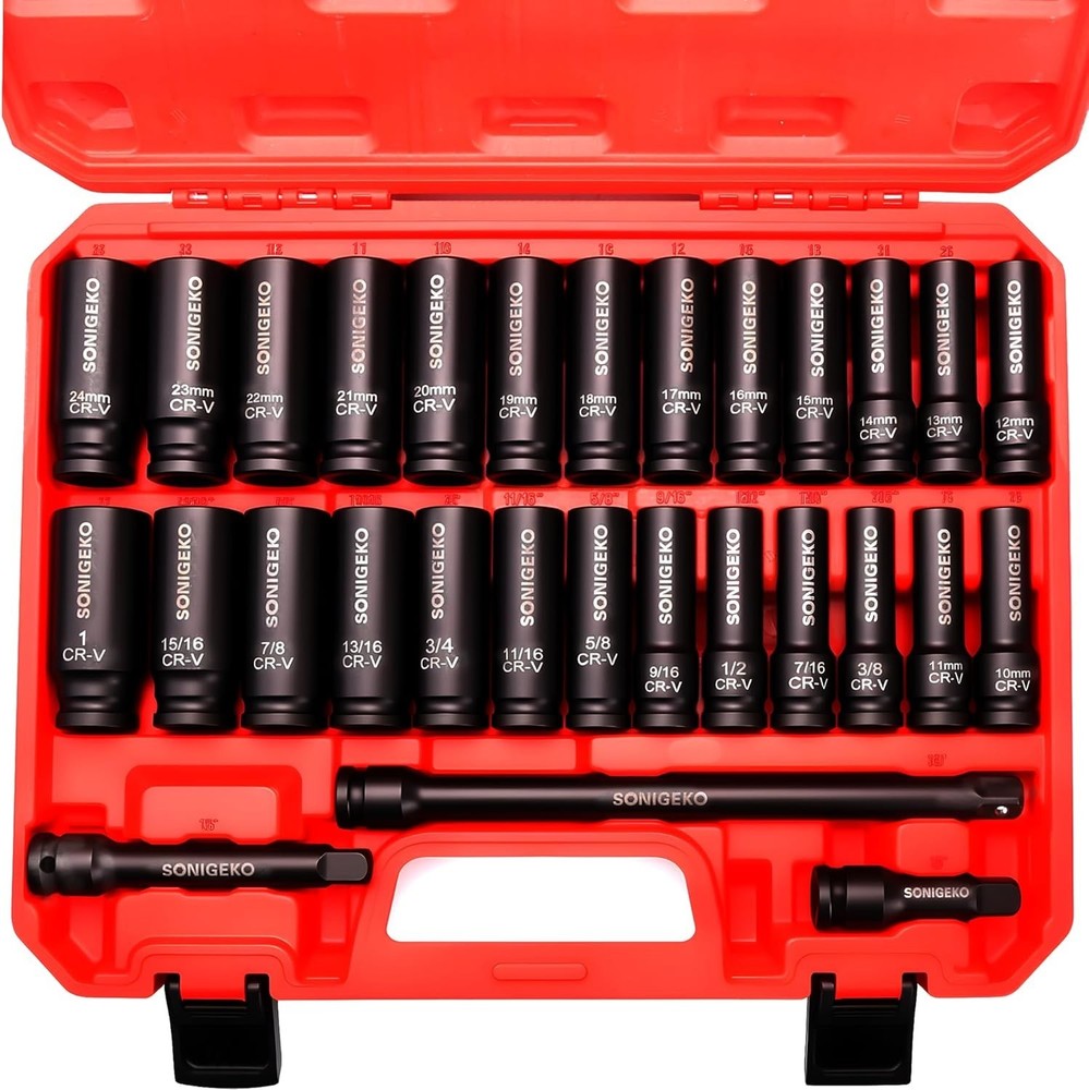 29-Piece 1/2" Drive Impact Socket Set, 6-Point Deep Standard SAE & Metric 3/8...