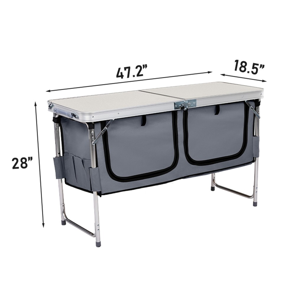 4ft White Folding Camping Table w/ Storage & Adjustable Height, Portable