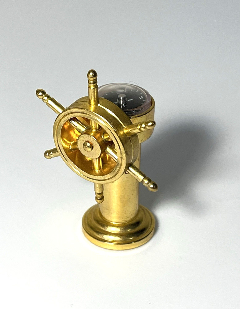 Vintage Miniature Brass Nautical Ship Wheel W/Compass