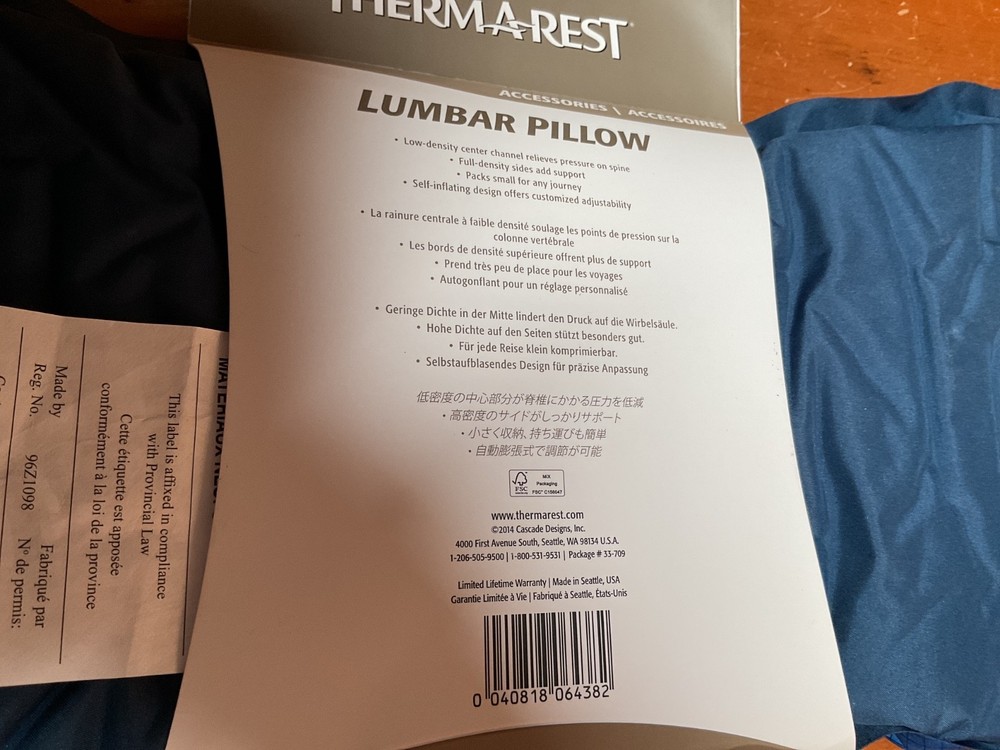 THERMAREST LUMBAR PILLOW adjustable compact back support USA made