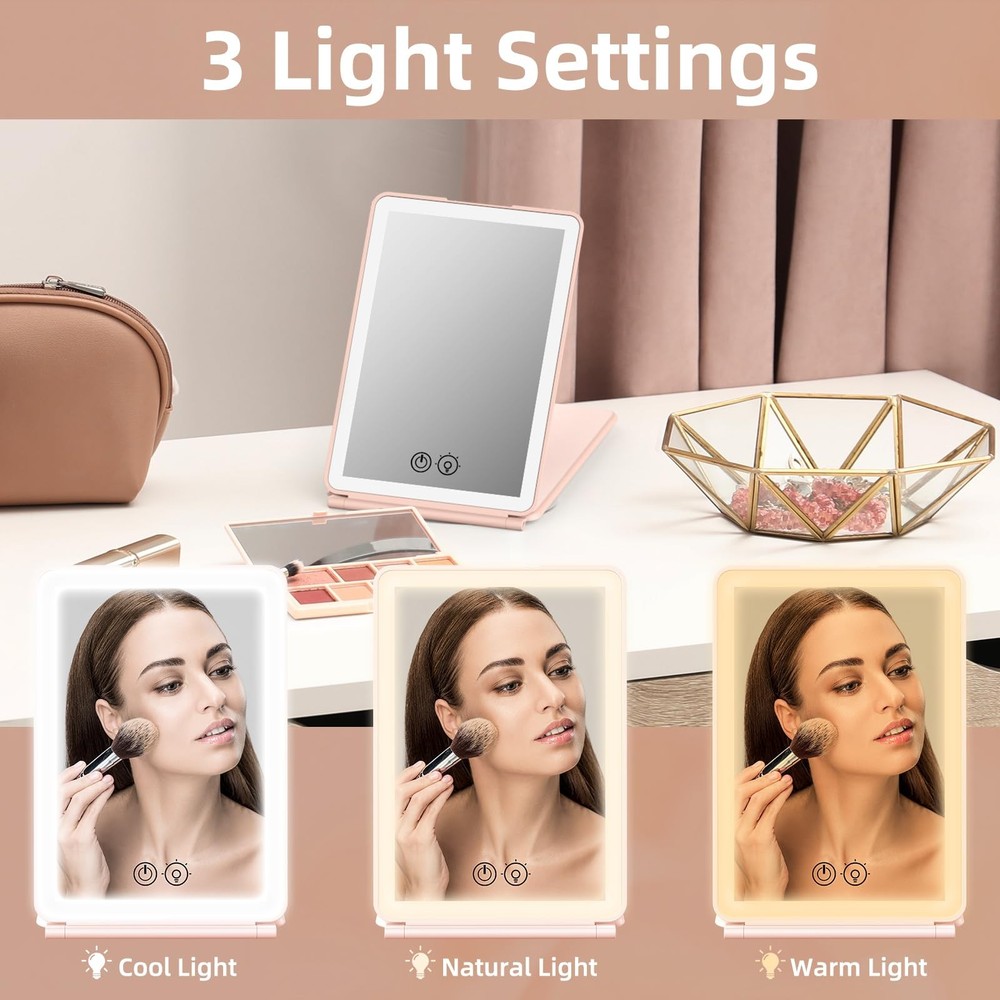 Foldable 1X/3X Magnifying Makeup Vanity Mirror Lights Dimmable Touch Pink