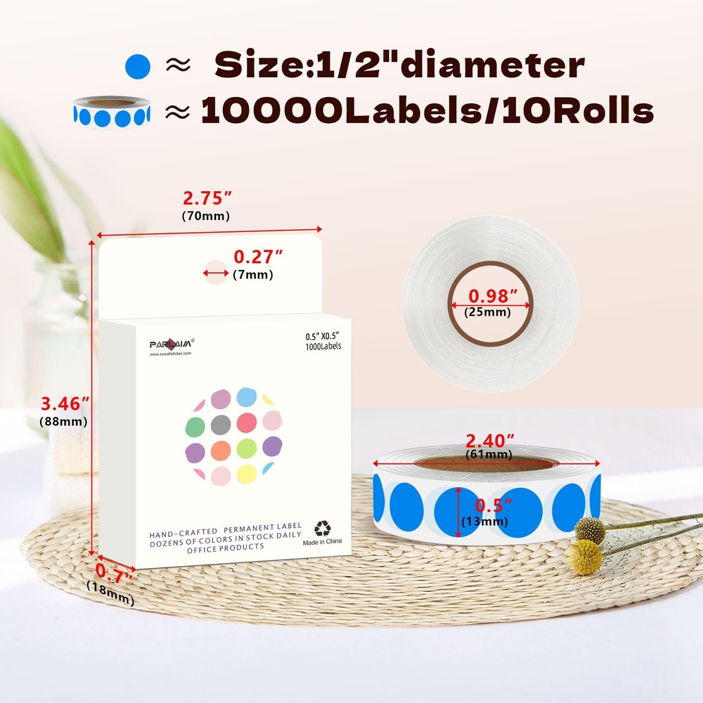 PARLAIM 10000PCS 1/2 Inch Round Color-Code Dot 10 Rolls-10000 Pack, Blue
