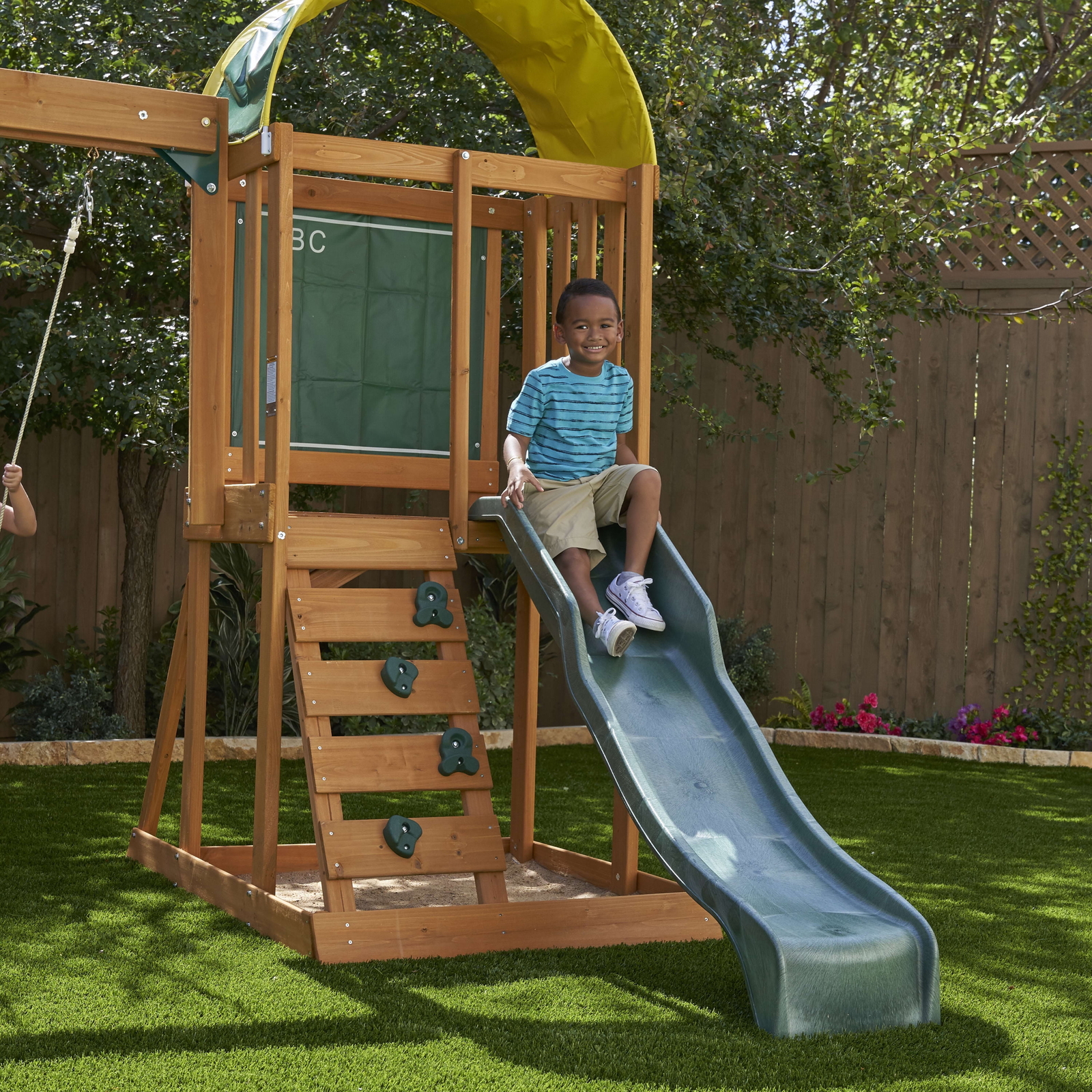 Wooden Swing Slide Set Cedar Outdoor Playground Chalk Wall Sandbox Rockwall New