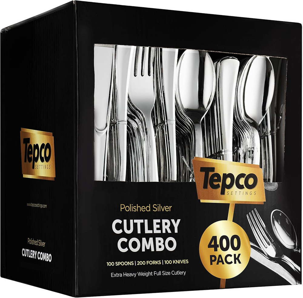 400 Plastic Silverware Set - Silver Cutlery Set - Disposable Flatware Set - 2...