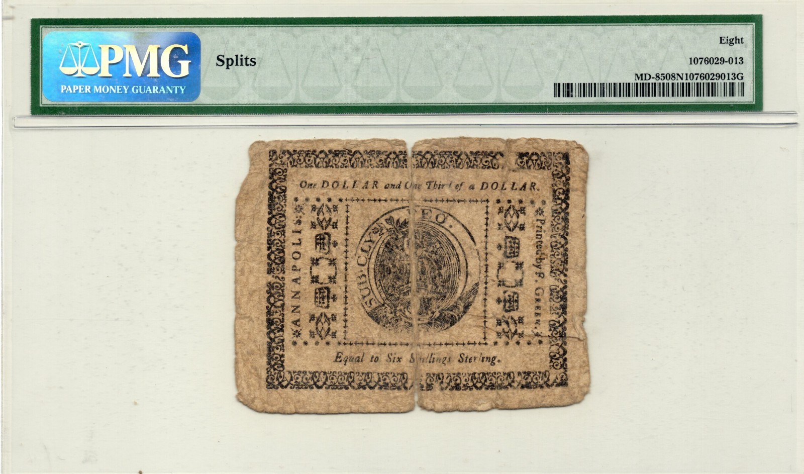 1775 Maryland $1 1/3 Dollar Colonial Currency MD-85 ~ PMG 8