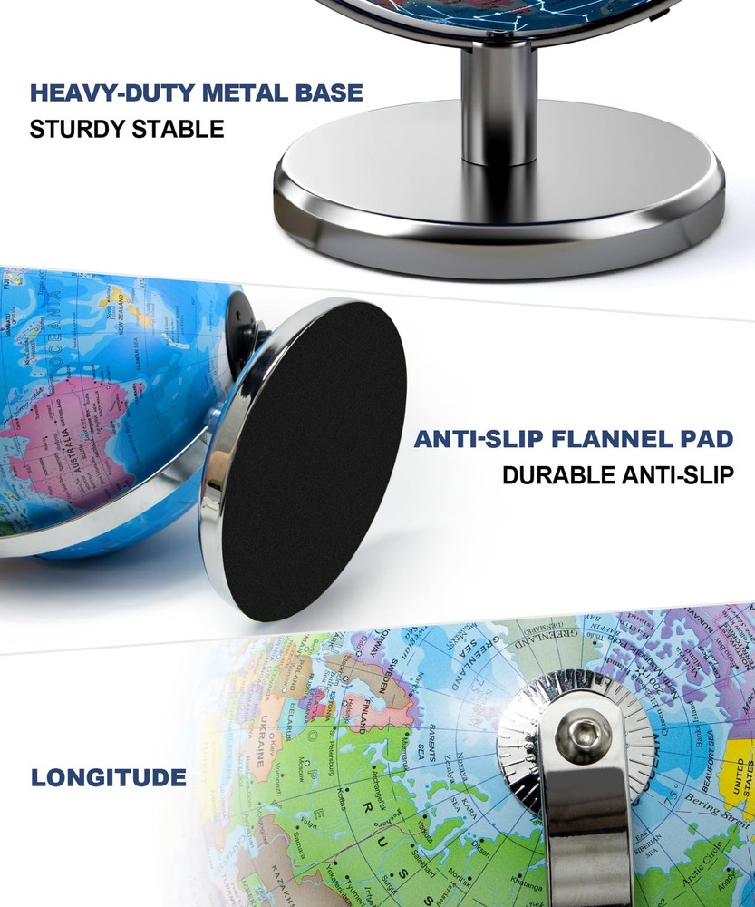 8'' Illuminated World Globe with Constellation Night Light, Educational Light...