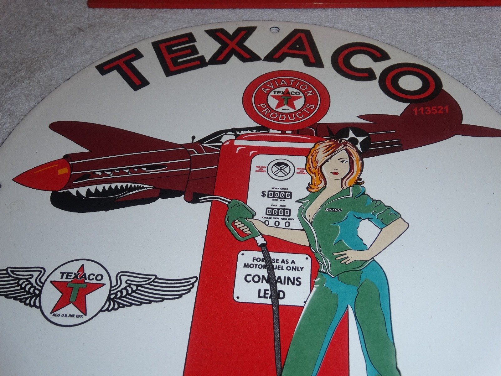 VINTAGE TEXACO AVIATION FEMALE MODEL WW2 AIRPLANE 11 3/4" PORCELAIN GAS OIL SIGN