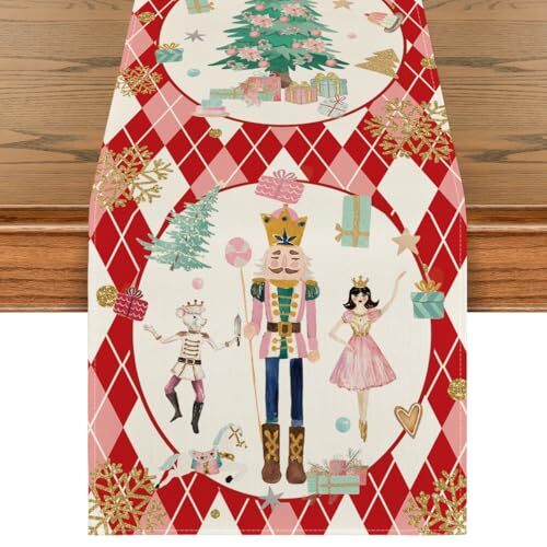 Diamond Plaid Nutcracker Snowflake Christmas Table 13" x 72", Table Runner Red