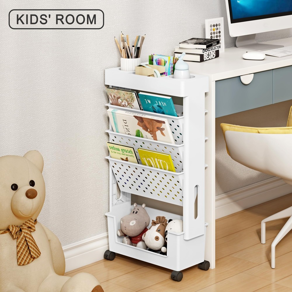 5tier Mobile Bookshelf Rolling Bookcase Book Storage Rack Movable File Folder Or