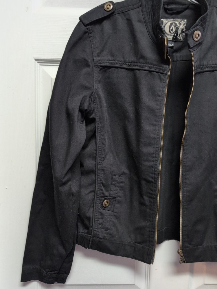 Volcom Black Lightweight Jacket Size L Full Zip Pockets Snaps Elastic Sides