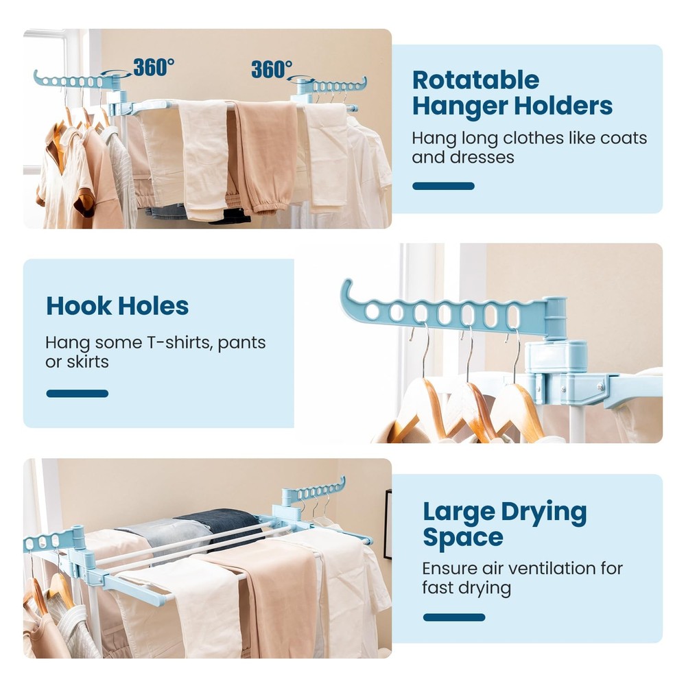 Foldable Clothes Drying Rack, Oversized 4-Tier Collapsible Laundry Rack w/ 3 ...