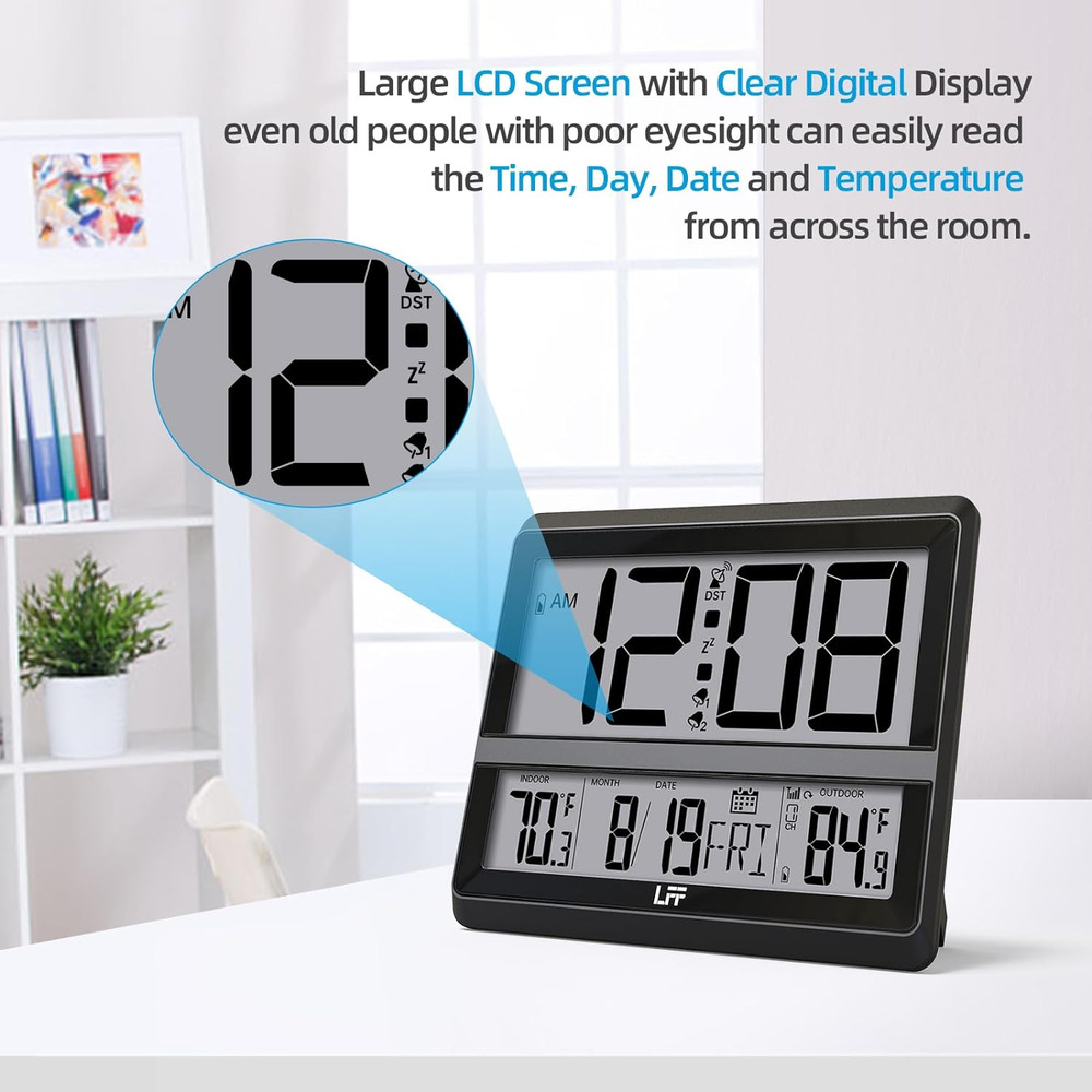 Atomic Clock Large Display, Digital Wall Clock with Indoor Outdoor Temperature a