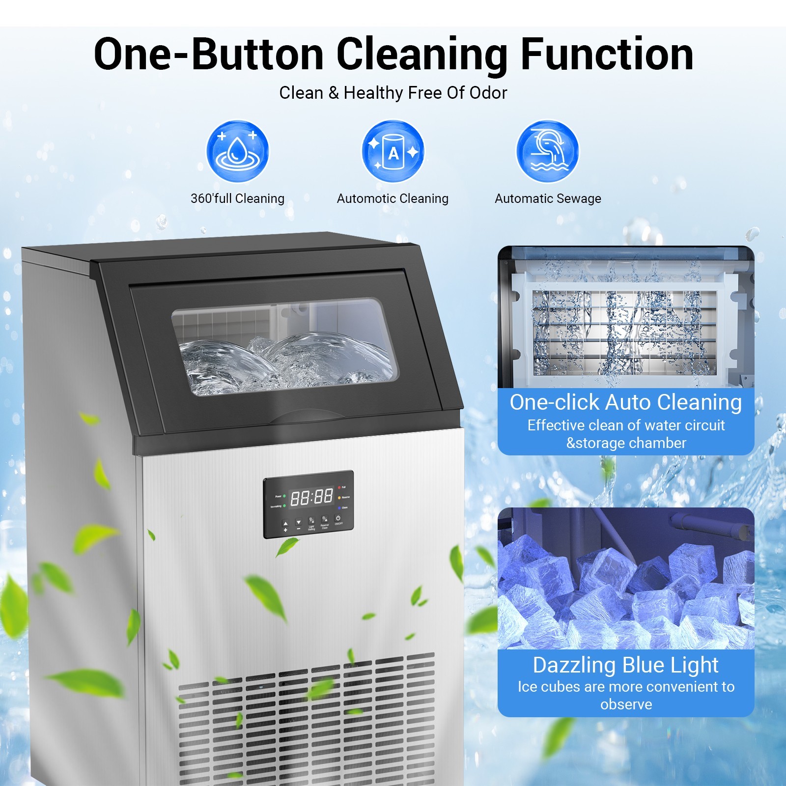 200lbs/24H Commercial Ice Maker Under Counter Freestanding Full ice Cube Machine