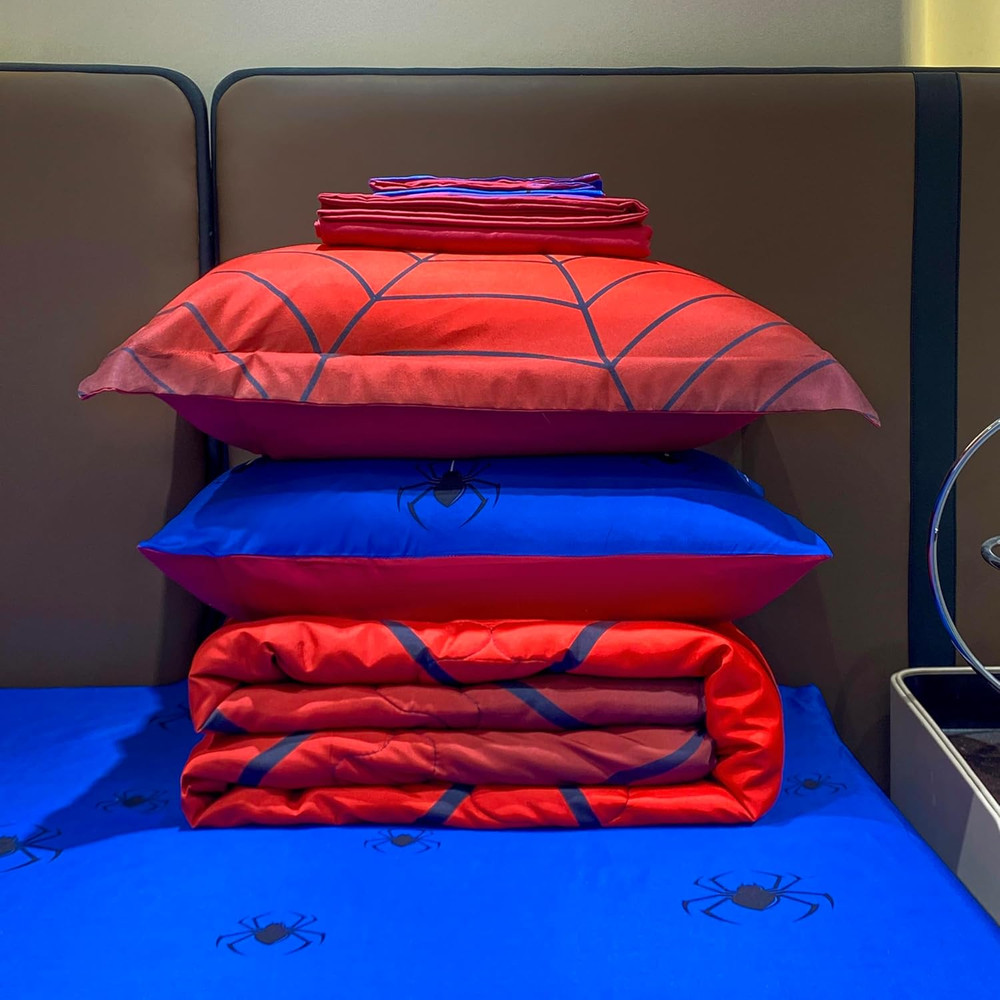 Spider Web Twin Comforter Set for Boys - 7PC Red Bedding in a Bag