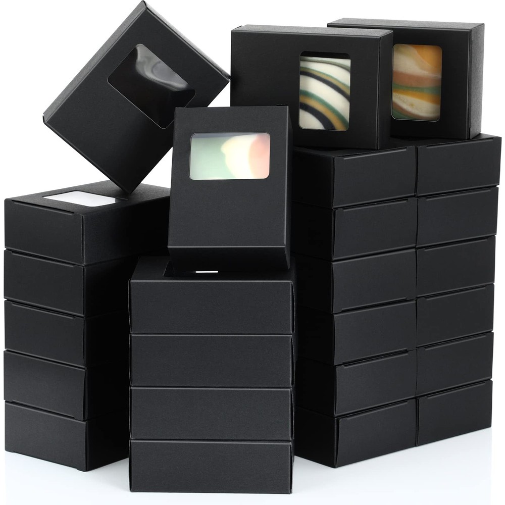 Spakon 60 Pieces Kraft Soap Boxes with Window Black Rectangle Inches,