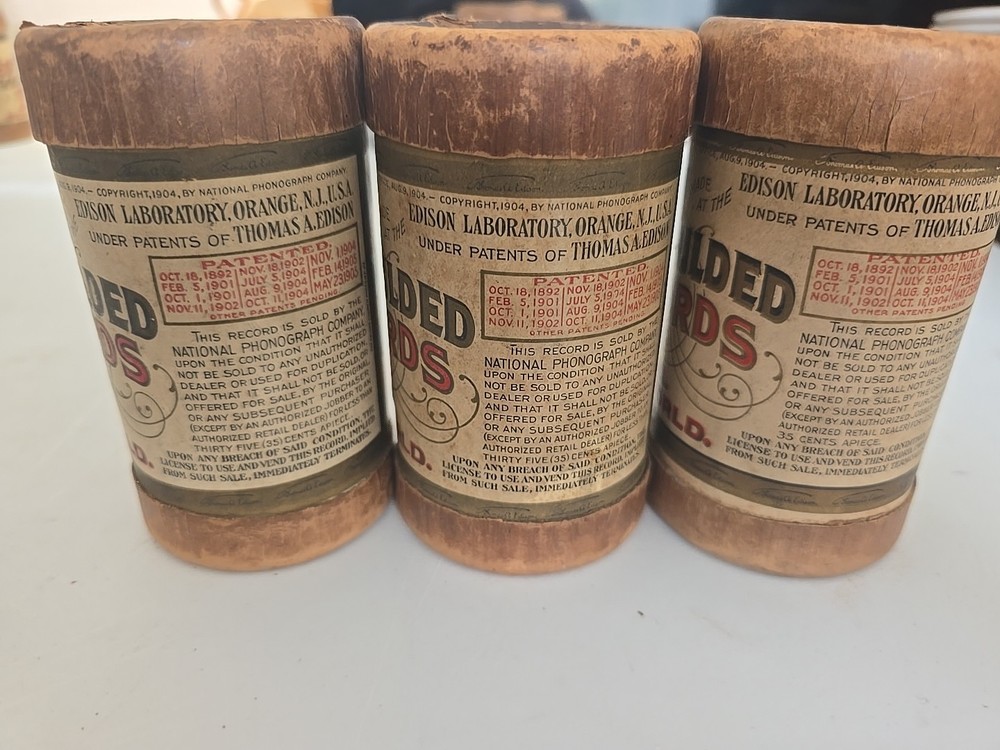 3 Edison Gold Moulded Record Tubes Empty with Lids