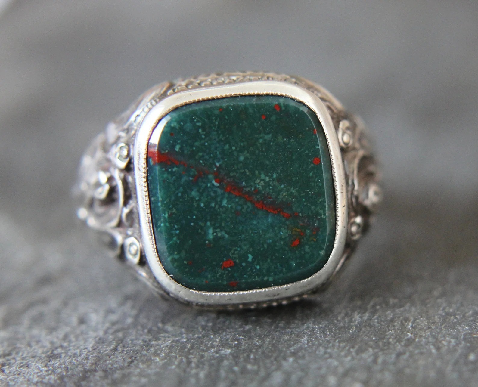 Men’s Bloodstone Ring Sterling Silver Square Signet Vintage Gemstone Jewelry