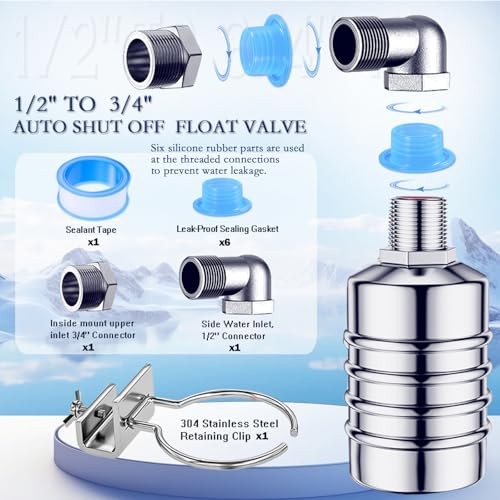 2PCS Float Valve,1/2" to 3/4'' water level control float valve, 304 Stainless