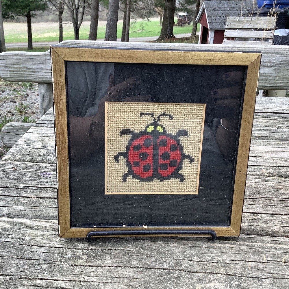 Vintage Framed Lady Bug Embroidered Print Needlepoint