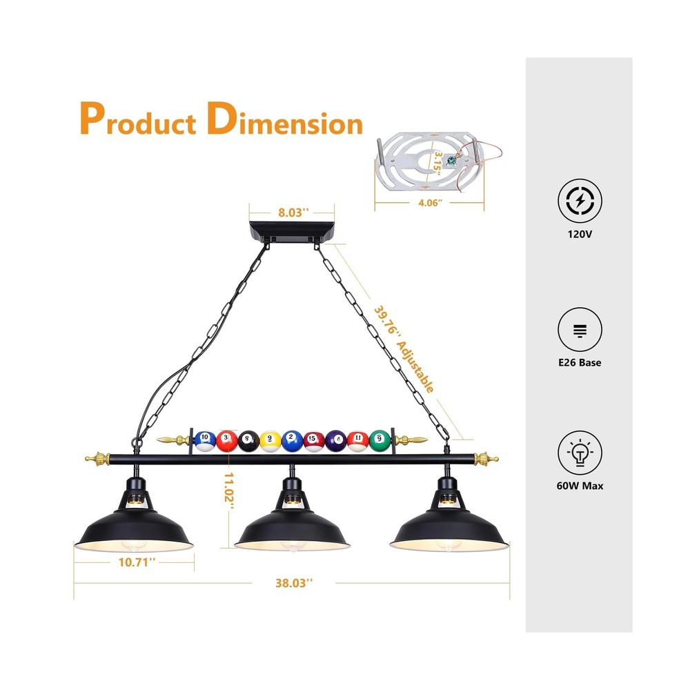 3-Light Billiard Pool Table Lights Hanging Over Pool Table, for 7'-8' Table w...