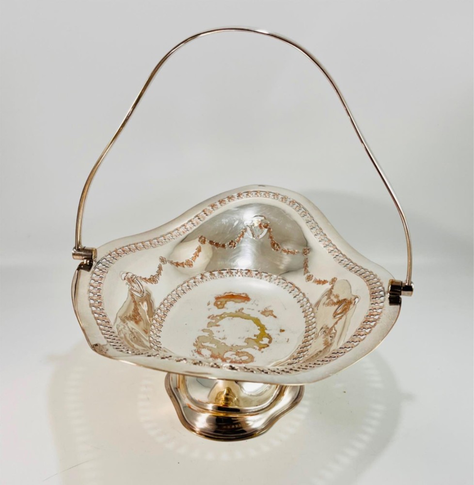 Vintage EPNS Silver Plated Footed Fruit Cake Bread Basket w/ Swing Handle