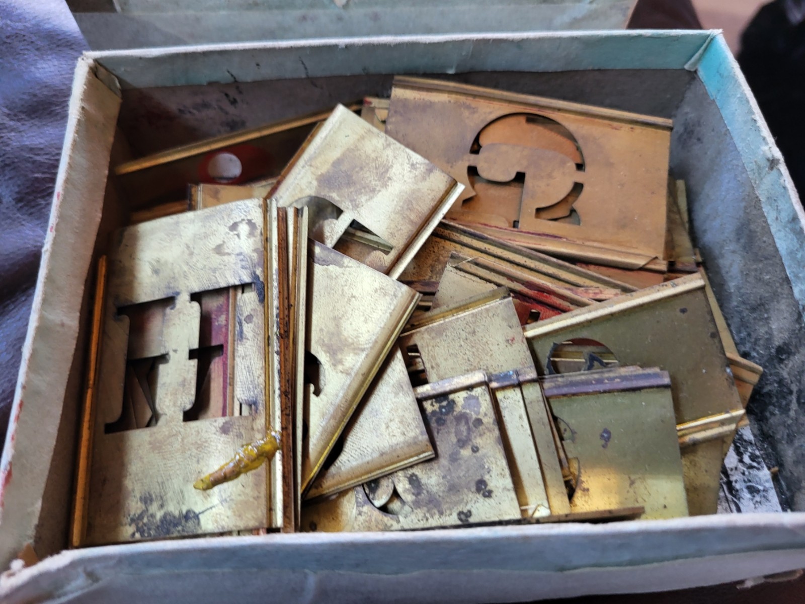 Box Full Of Vintage Reese's Interlocking Adjustable Brass Stencils