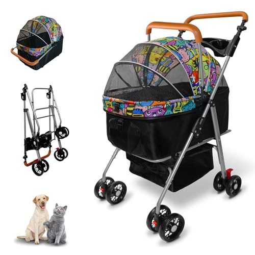 Pet Stroller with Storage Basket and Cup Holder, Folding Dog magic black