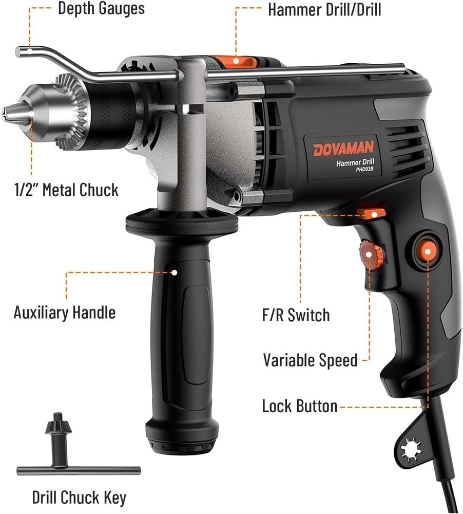 Lightweight 7.5A Hammer Drill with Adjustable Handle & Carrying Case for Comfort
