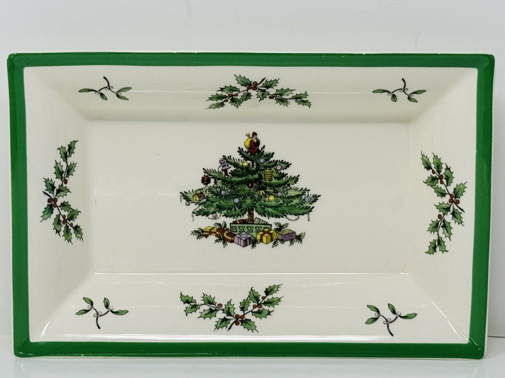 Spode Christmas Tree Rectangular Serving Tray Green Trim 8.5" England MINT