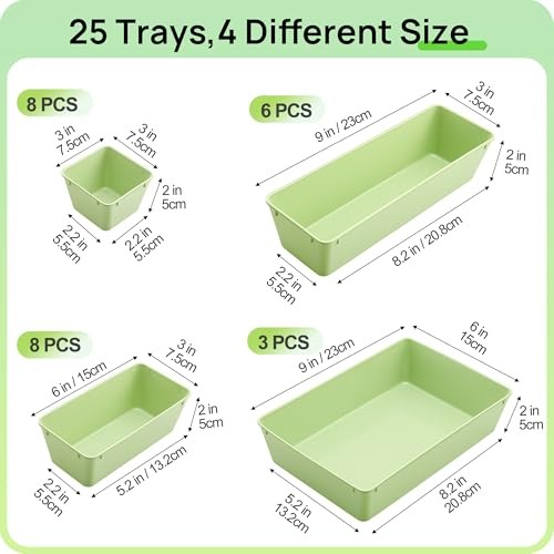 25 PCS Plastic Drawer Organizers Set, 4-Size Versatile Bathroom Light Green