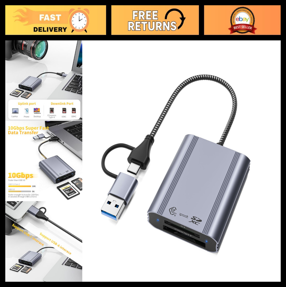 Dual-Slot CFexpress Type B & SD Card Reader, 10Gbps USB 3.2 Adapter for iPhone,