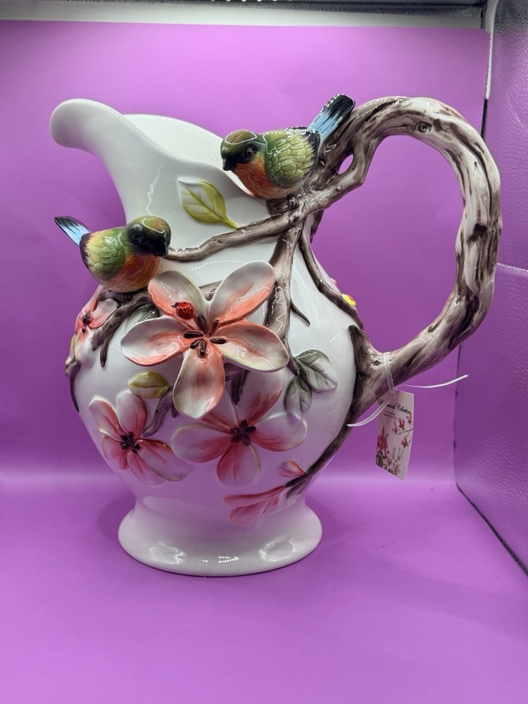 BOTANICAL COLLECTION BY CORNER RUBY STUNNING 3D PITCHER WITH FLOWERS & BIRDS