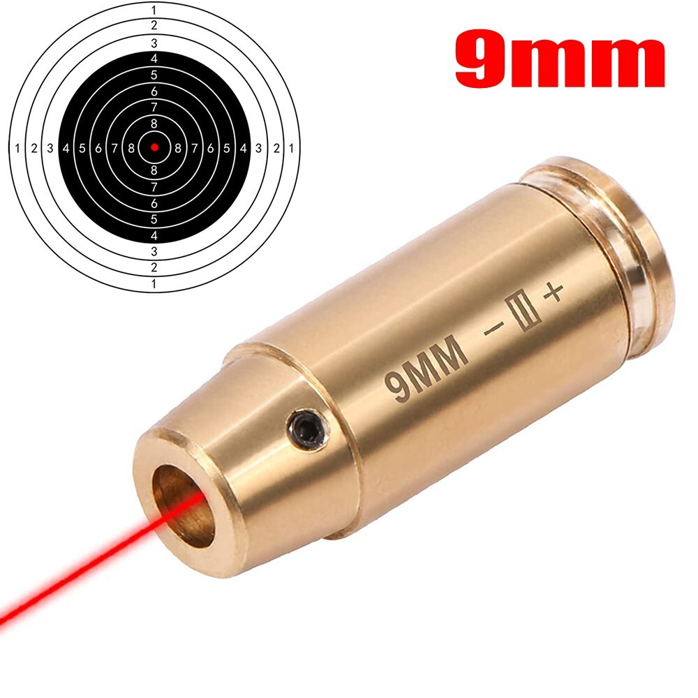 CAL 9mm Red Laser Bore Sight Brass Cartridge Bullet Shap Boresighter 6 Batteries