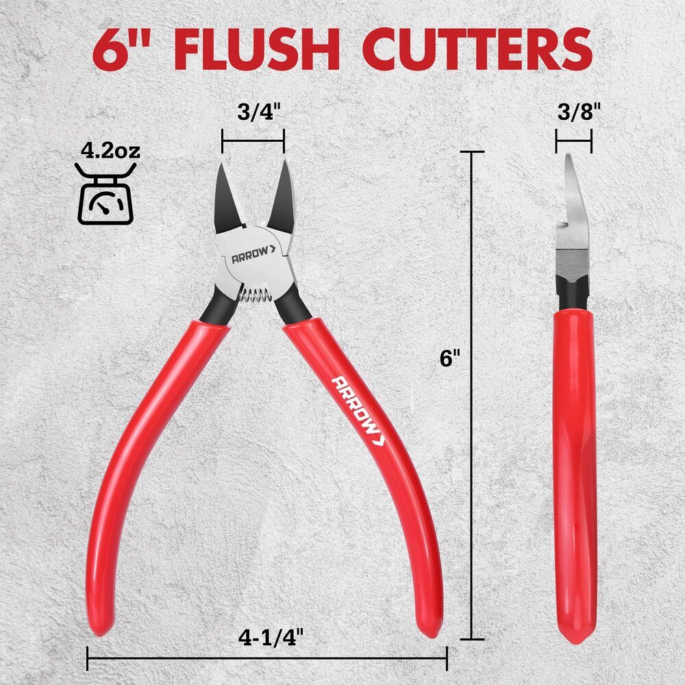 ARROW 6" Precision Wire Cutters Spring Load Side Cutter Diagonal Flush Cut Plier