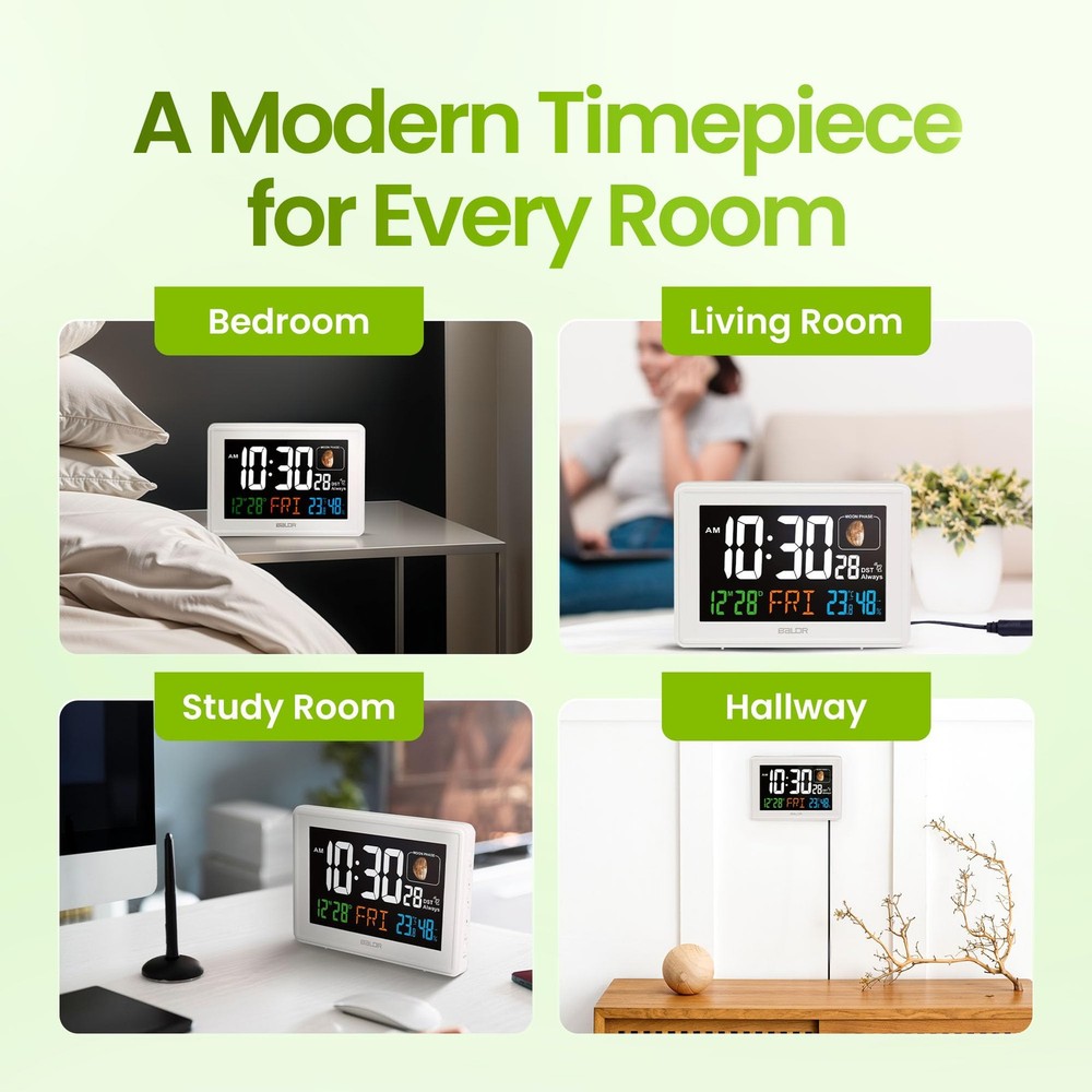 Baldr Atomic Clocks for Bedrooms Digital Large Display - White - Desk Clock