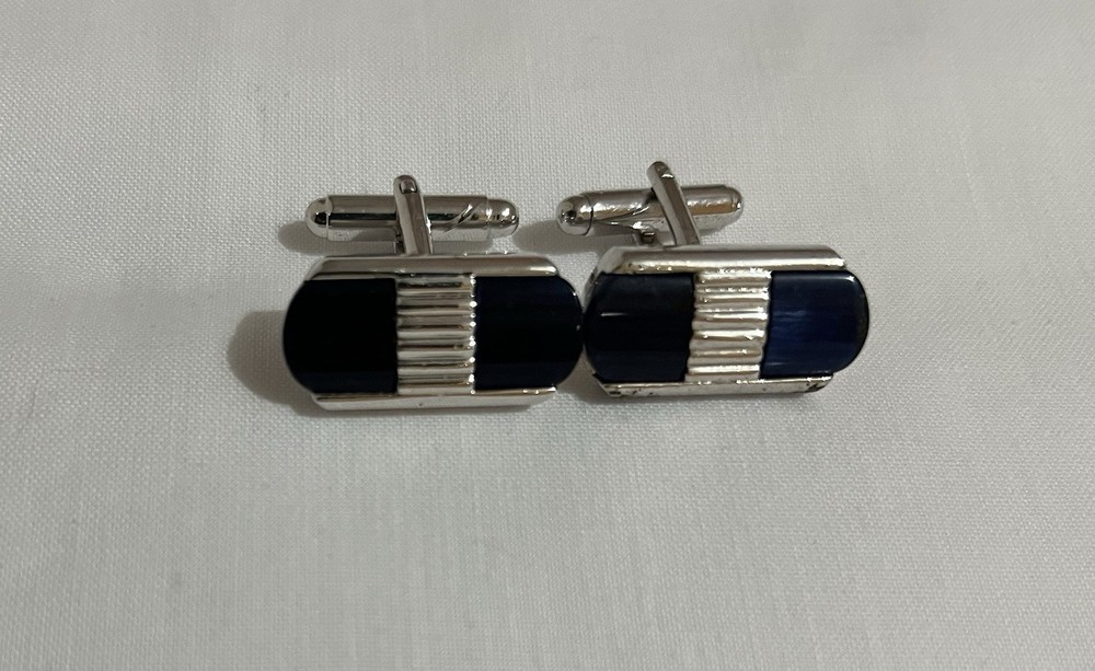 Silver Tone Rectangular Ribbed & Black Enamel Cufflinks Swivel Back Men’s