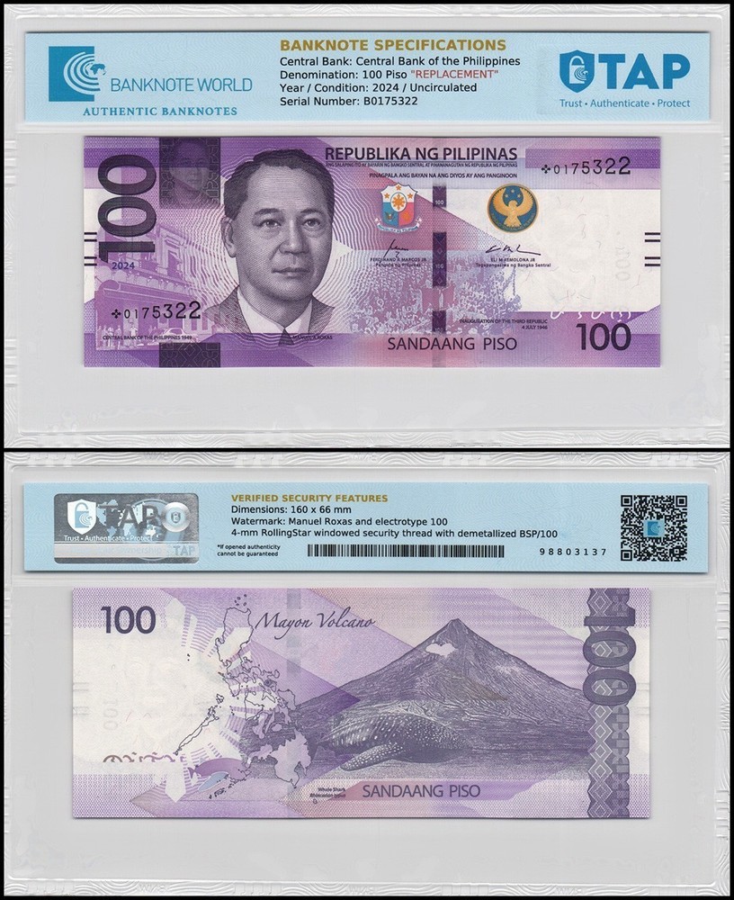 Philippines 100 Piso, 2024, P-232Aa.2, UNC, Replacement, TAP Authenticated