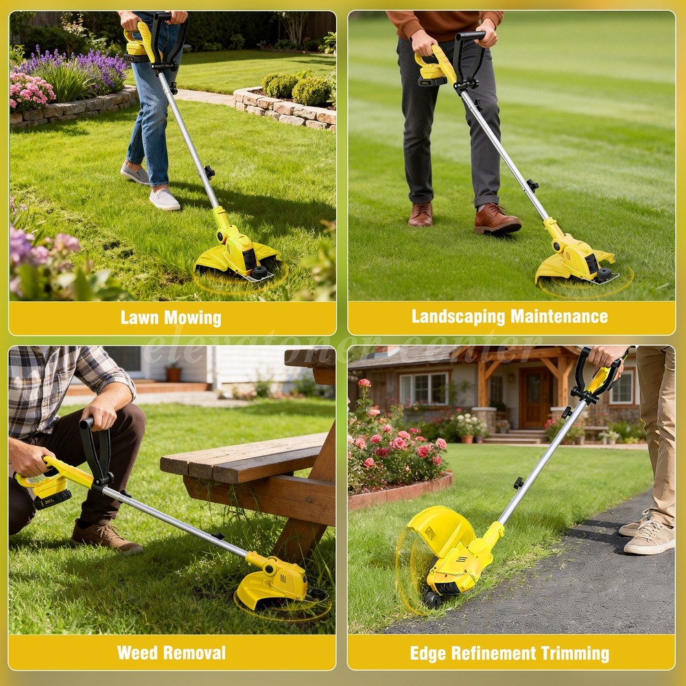 12" Cordless String Trimmer, 90° Rotating Head, Auto Feed, 2000mAh, Yellow