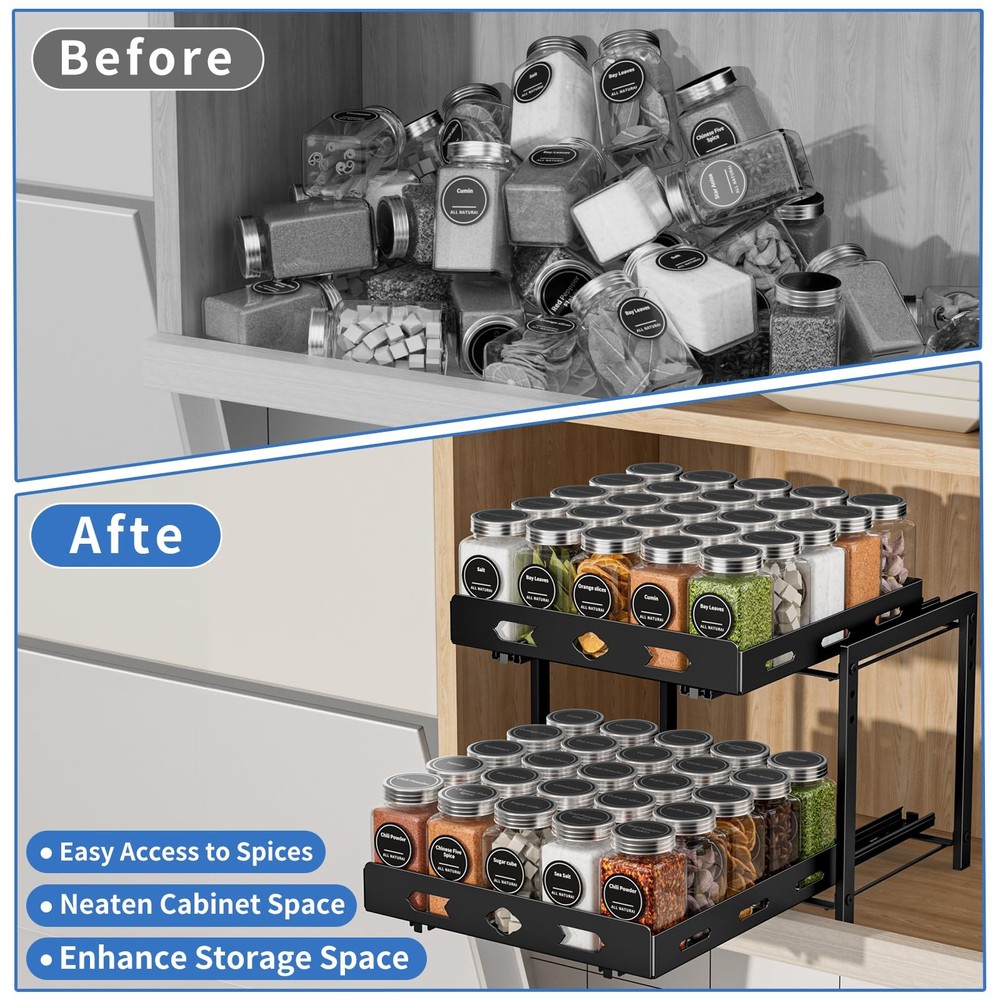 2-Tier Pull Out Spice Rack Organizer for Cabinet, Adjustable Height, Black
