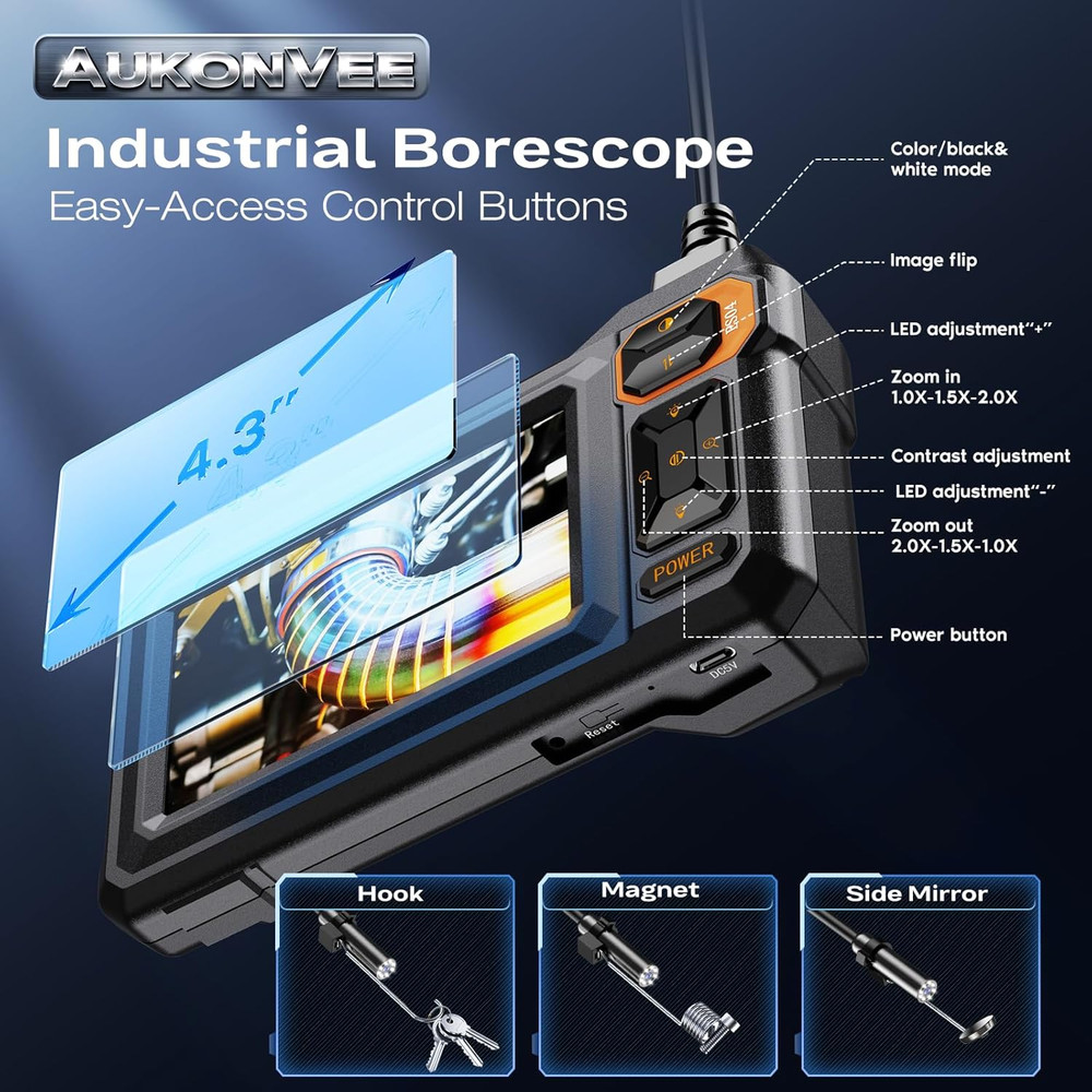Endoscope Camera with Light, 1920P HD Borescope Inspection Camera with 4.3" IPS